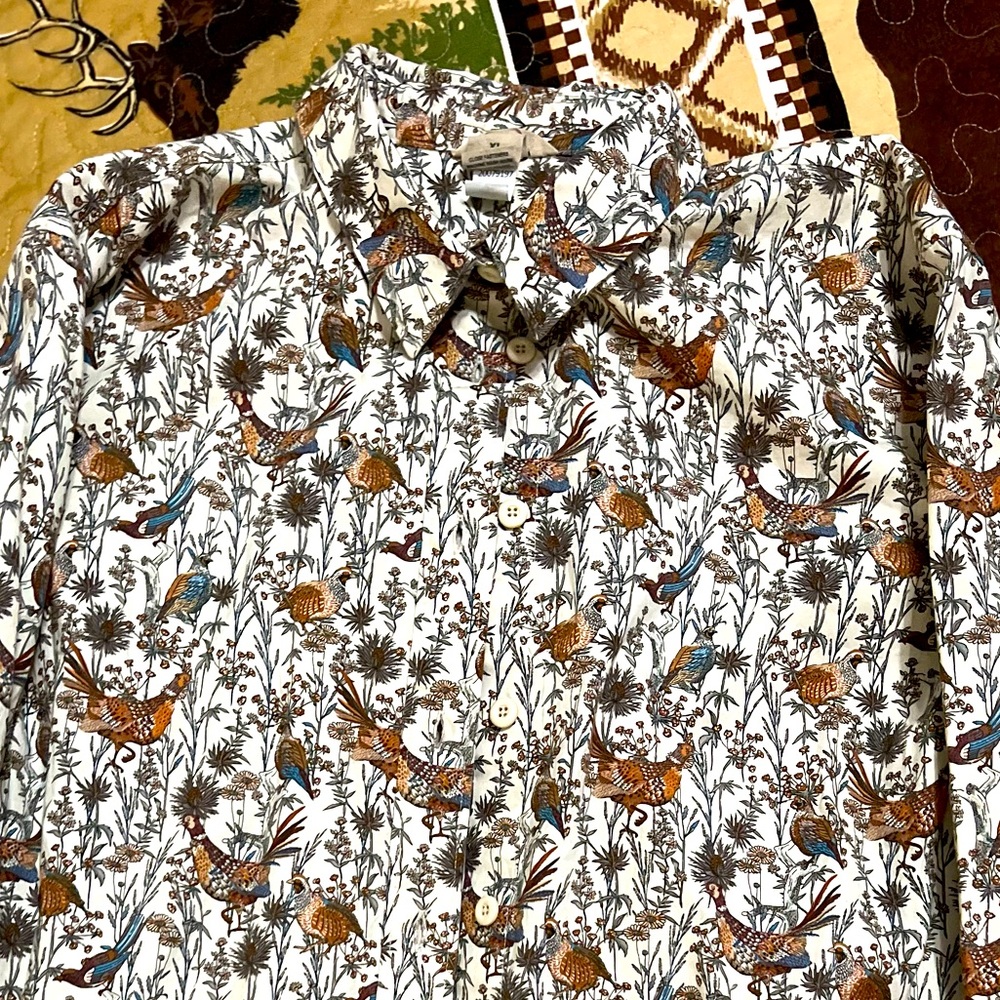 Duluth Trading Women's Ivory Bird Print Long Sleeve Button Up Shirt -XL